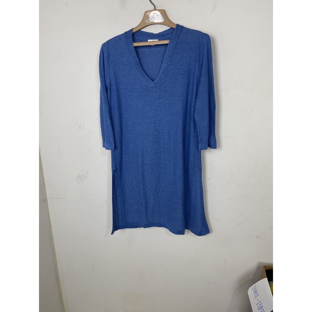 J. Jill Petite S Womens Blue 55% Linen Rayon Blend V-Neck Long Sleeve‎ Tunic Top